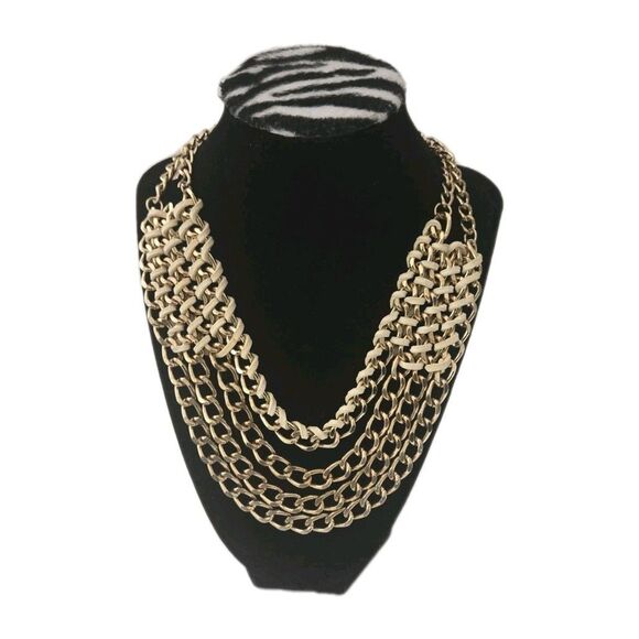 Mika Gold-tone & Leather Multi-layered Gold-tone Chain Statement Necklace 18-21" - Picture 3 of 8